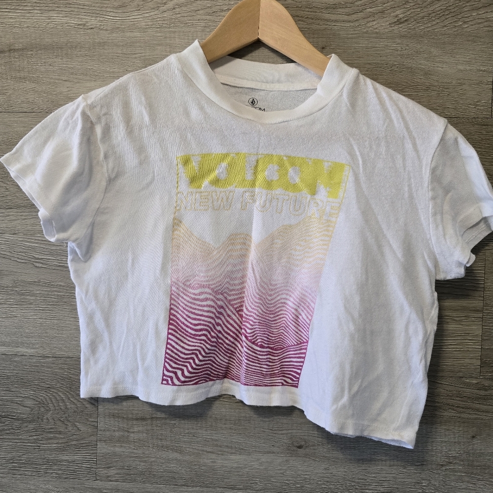 Volcom White Crop Top with Yellow and Pink Graphic